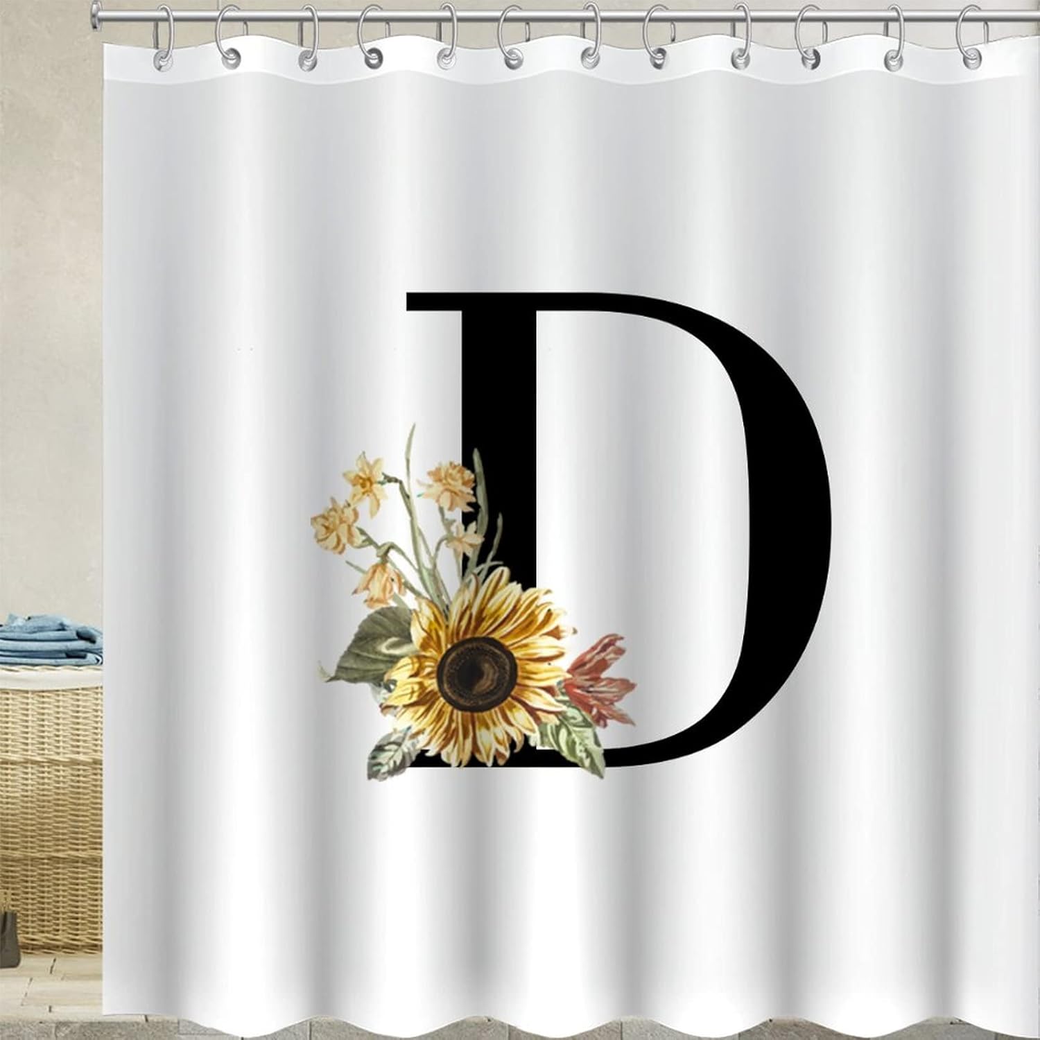 Sunflower Monogram Initial D Shower Curtain Butterfly Floral Monogram Letter Bath Curtains Shower Curtain with Hooks for Bathtub Home Bathroom 78" X 72"