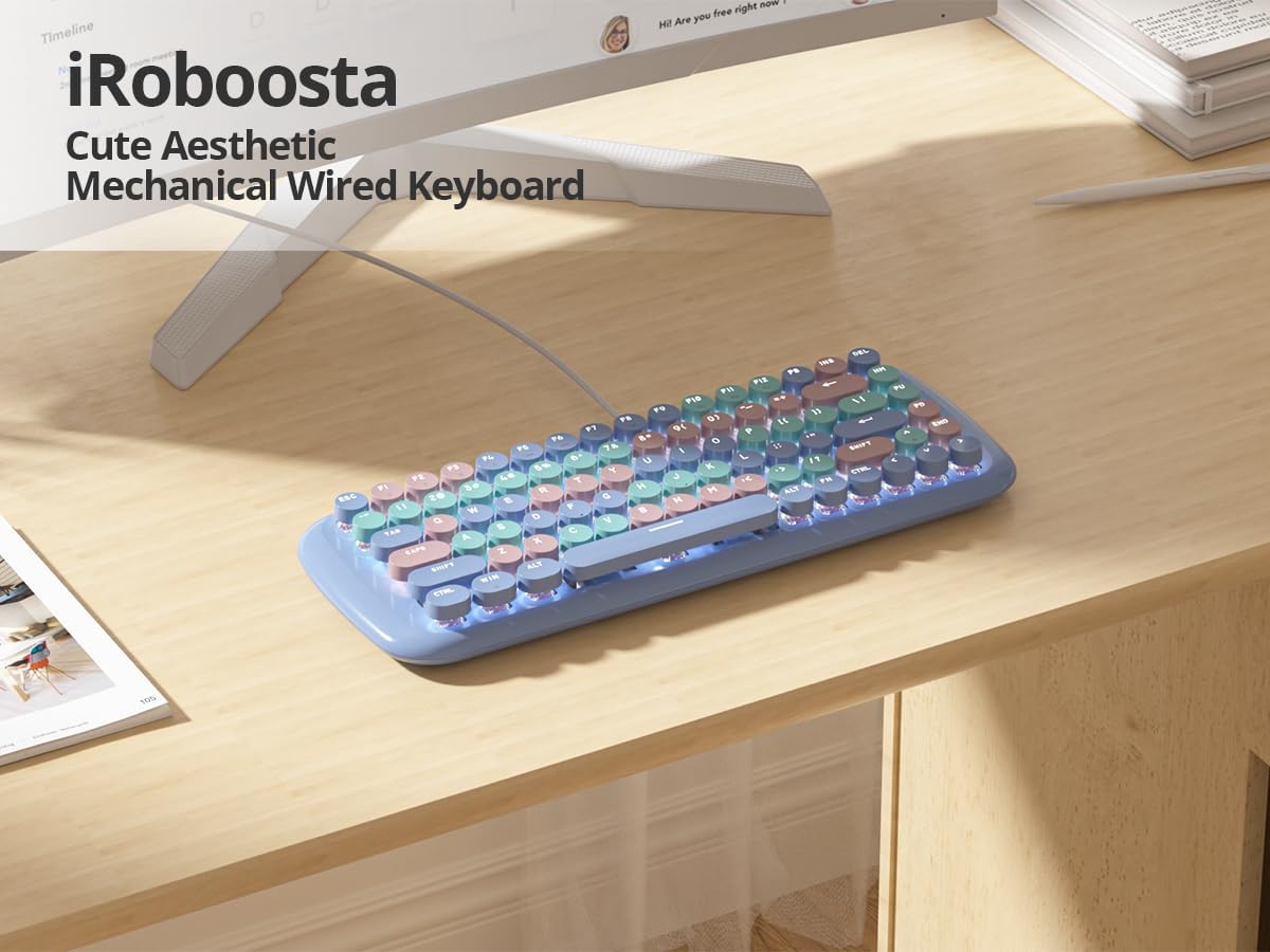 Blue Colorful Mechanical Gaming Keyboard, Aesthetic Keyboard w/White Backlit, 84 Keys Cute Retro Typewriter Computer Keyboard Wired w/Pink Switch, Round Keycap for Windows/PC/PS5 (Blue)