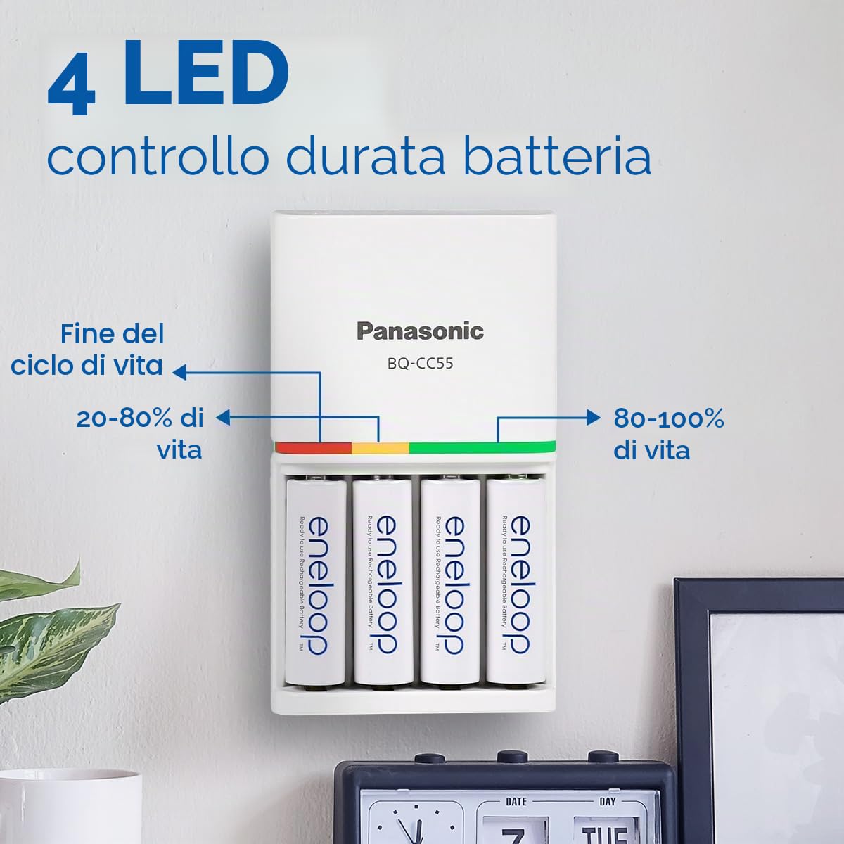 Panasonic eneloop Caricabatterie SmartPlus per 1-4 batterie AA/AAA Ni-MH, con 4 indicatori LED e 10 funzioni di sicurezza, tra cui 4 batterie eneloop AA/Mignon, capacità migliorata di min. 2000