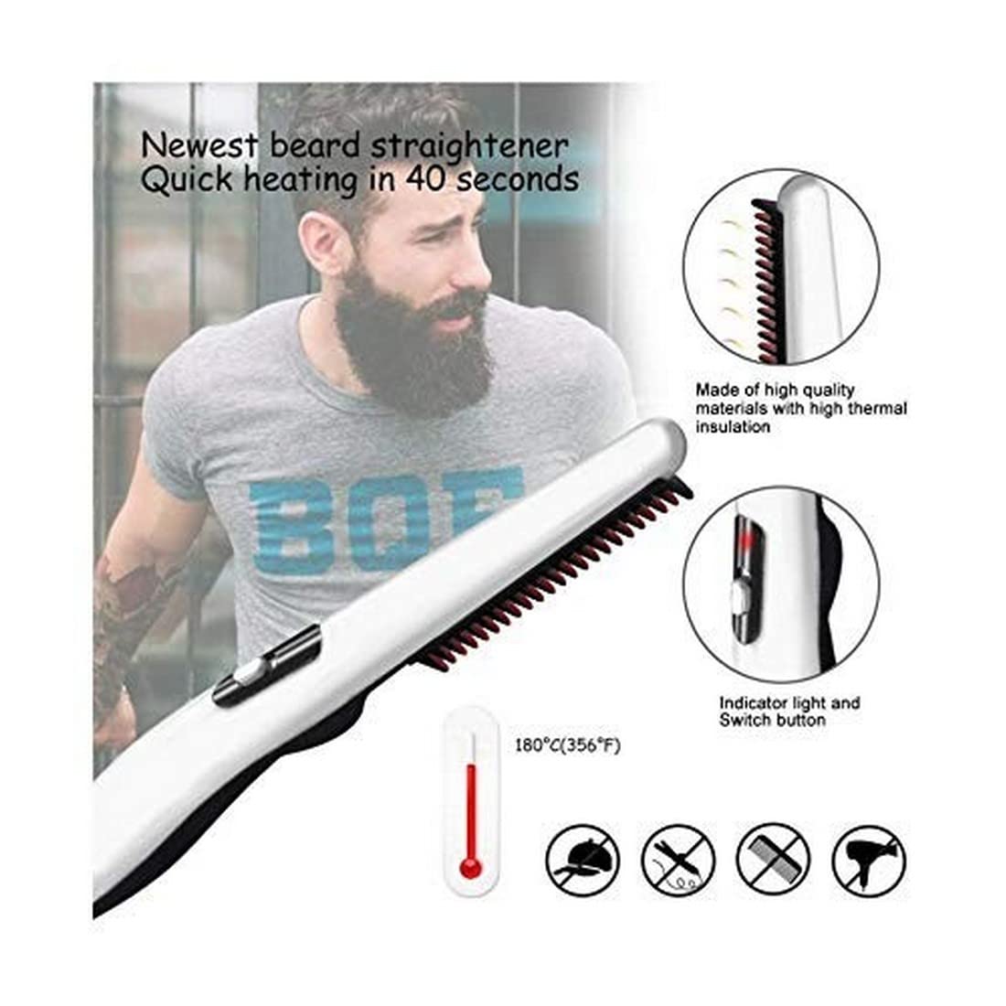 UGU ZONE V2 Multifunctional Quick Beard Electric Hair Styler Comb For Men With Side Hair Detangling, Curly Hair Straightening For Beard Style(White) 4