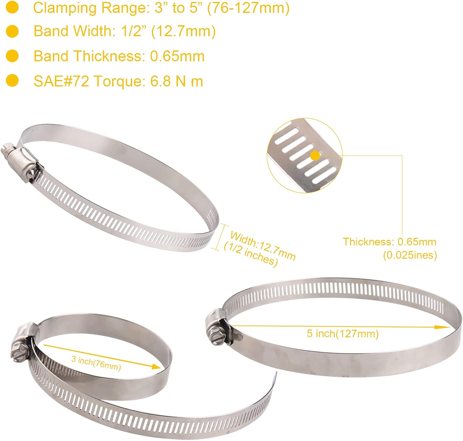 WINL Stainless Steel 4 Inch Hose Clamps- 8PK SAE 72 Worm Gear Drive Hose Clamps 3 Inch-5 Inch (76-127mm) for Automotive Plumbing, 3 1/2’, 3.5'', 3 3/4’’, 4'', 4 1/2’’, 4.5'', 4 3/4''