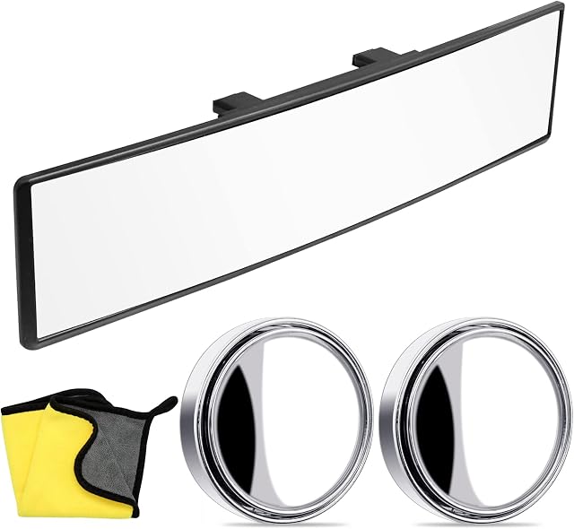 Car Rear View Mirror, Wieat Wide Angle Driving Instructor Mirror With 2Pcs Blindspot Mirrors,Universal Anti Glare Panoramic Car Mirror Easy Clip On, Interior Fittings for Car SUV Trucks Van 310 X 75mm