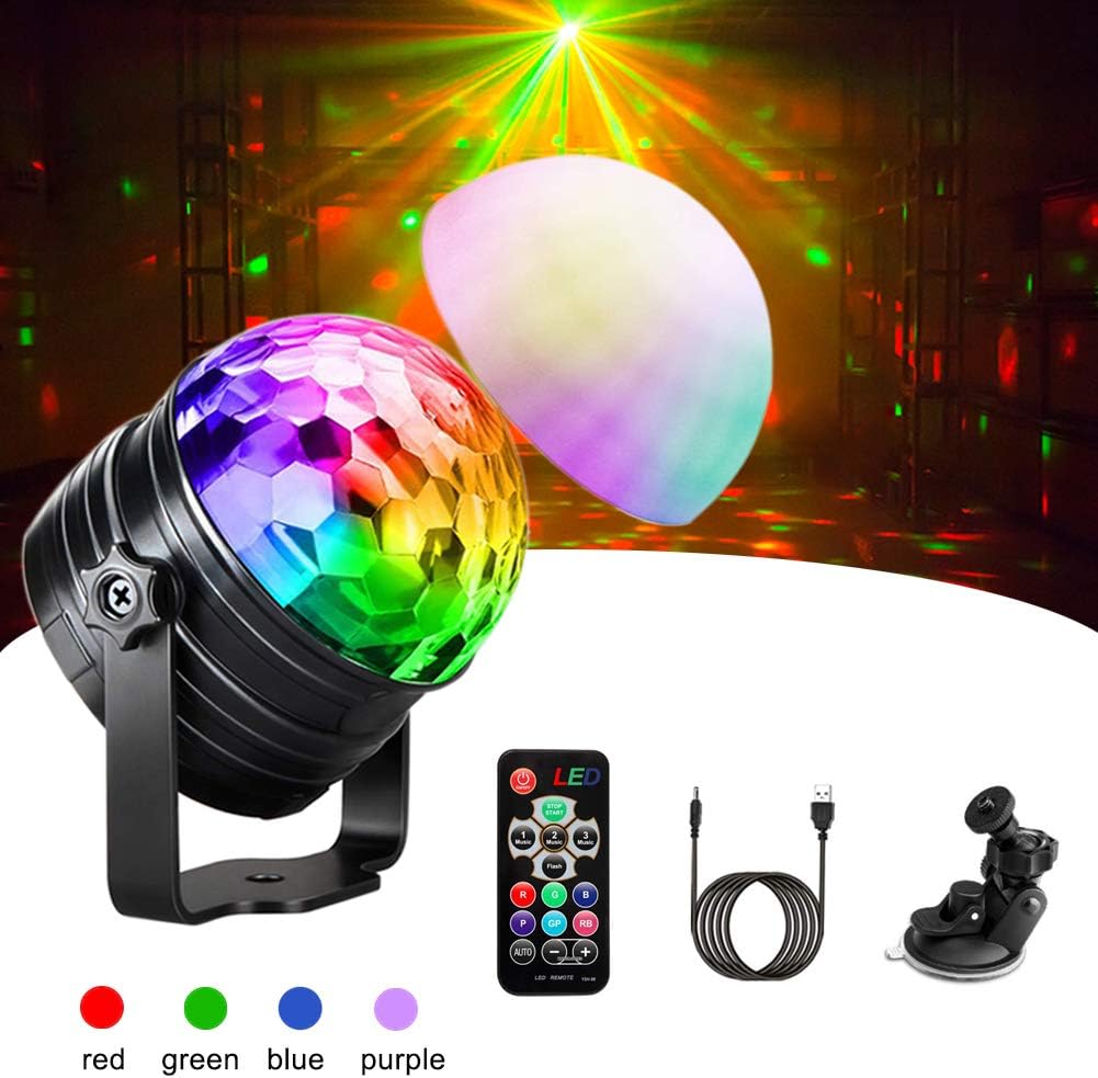 Disco Lights, Ibesi 4-Colour RGBP Sound Activated Disco Ball Lights with Remote Control 4M USB Cable 5W Low Voltage Strobe DJ Stage Light for Kids Car Dance Party Birthday Christmas Bar Club Karaoke