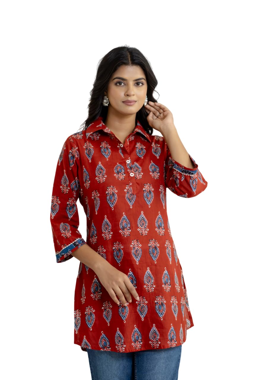 Rust Red Handblock Printed Pure Cotton Straight Kurti with Shirt Collar-image-46