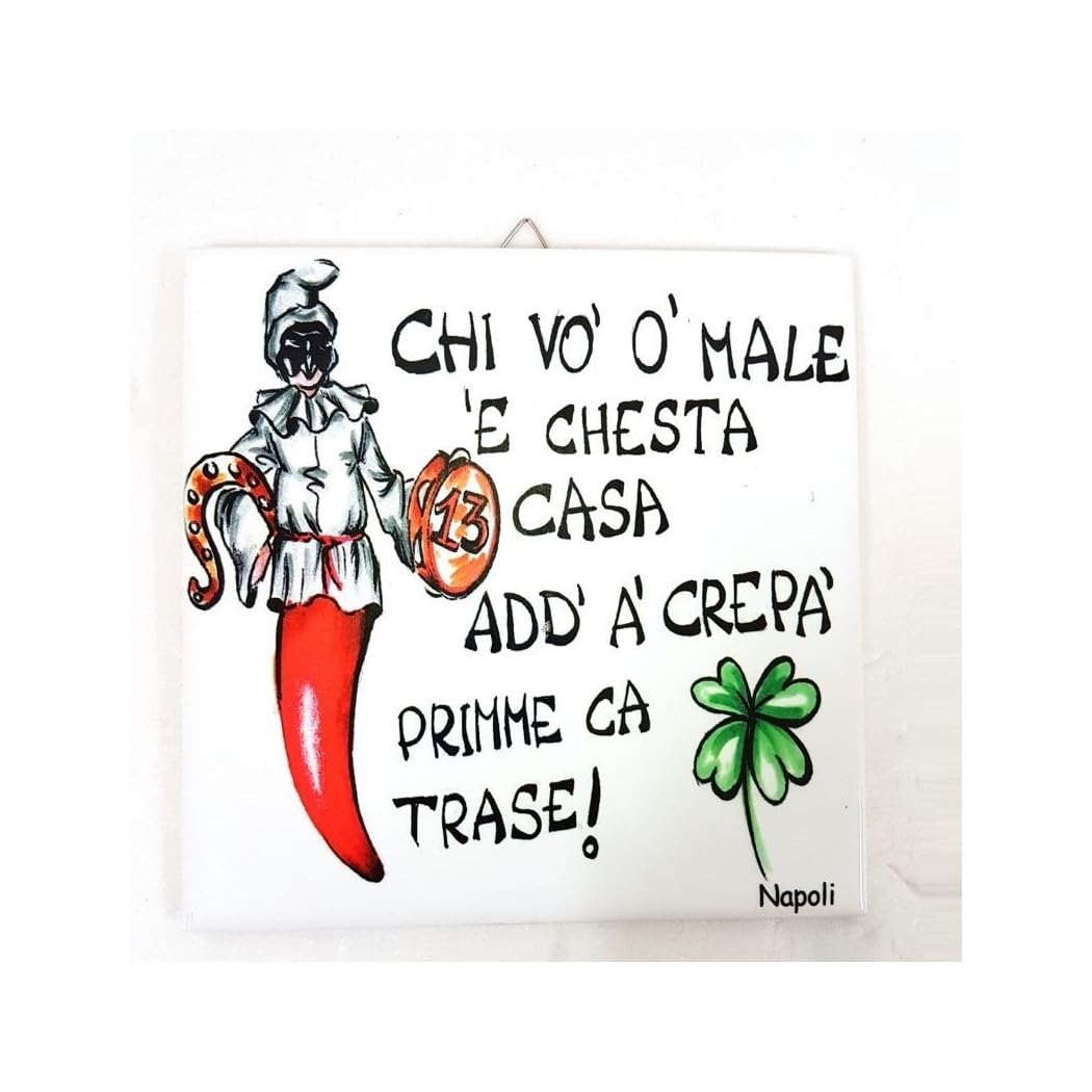 OISE ART STORE - Trade Shop - QUADRETTO PIASTRELLA DECORATIVA PORTA FORTUNA CERAMICA CHI VO 'O MALE E CHES - DECORAZIONE PER ARREDAMENTO IN CUCINA