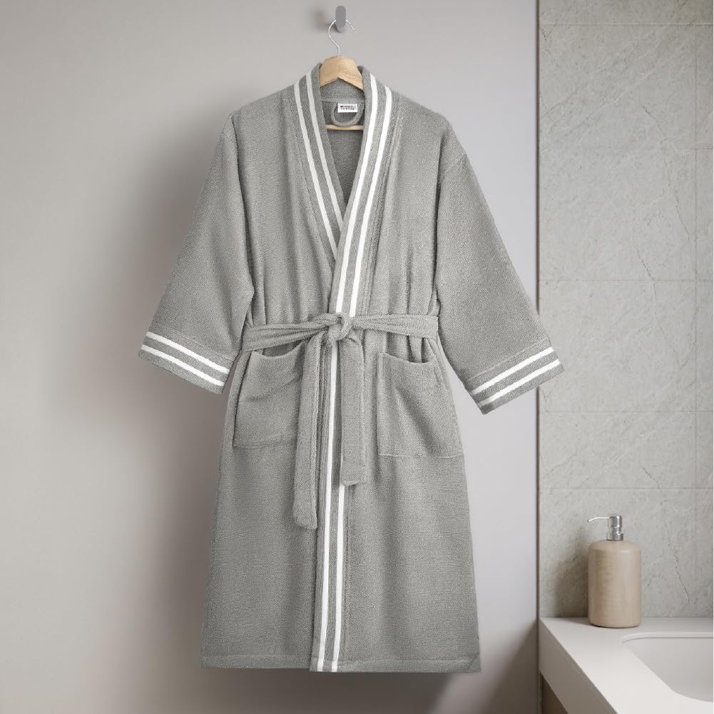 Spaces Airsoft 100% 100% Cotton 300 GSM Dobby Plain Medium Bath Robe | Super Soft, Breathable & Quick Dry - Grey-picture-24
