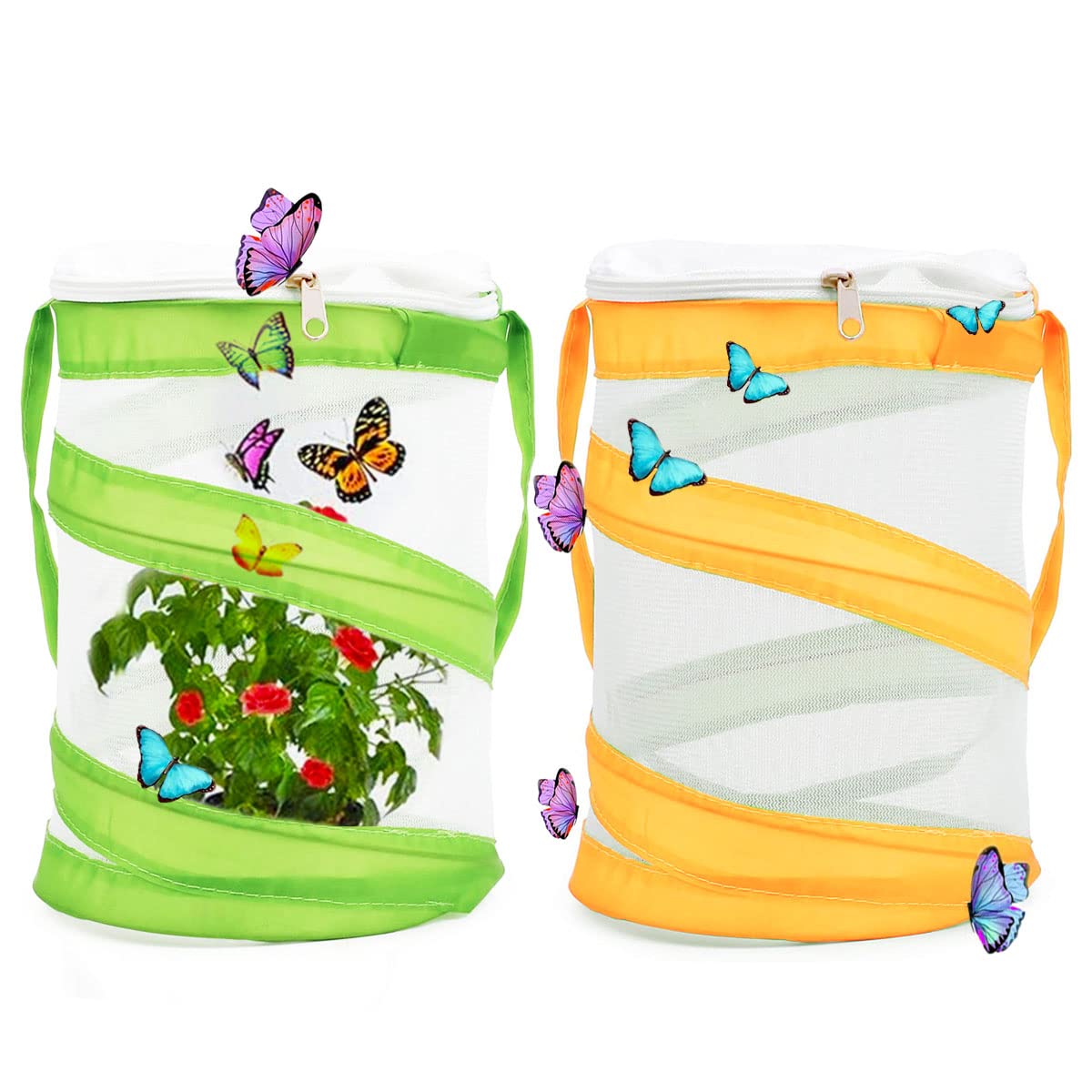 Butterfly Habitat Cage TAIZER 2PCS Foldable Portable Insect Reproduction Mesh Pet Pop up Reptile Collapsible Cloth Breeding Cages, Green, Orange