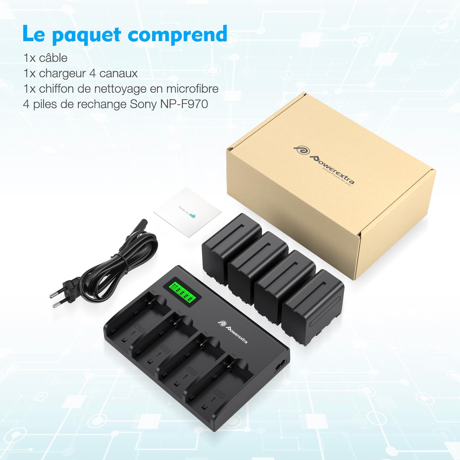 Powerextra NP-F970 Batteries Lot de 4 Batteries et Chargeur 4 canaux pour NP-F970, NP-F960, NP-F950, NP-F930, NP-F770, NP-F750, NP-F570, NP-F550