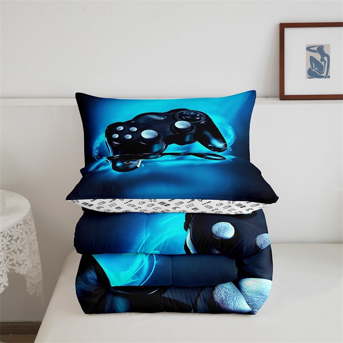 Feelyou Gamer Bedding Set for Boys Full Size Comforter Set Kids Gaming Comforter Blue Gamer Room Decor Video Game Gamepad Bed Set Teens Teenage Bedding Soft Warm 1 Comforter with 2 Pillowcases - Image 5