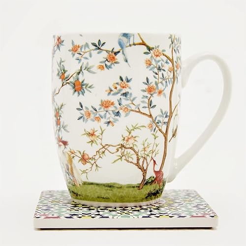 Miniatura 6 de ALYC Juego de tazas de café de porcelana fina, diseño de taza de té de flores de pájaro y rama, paquete de 2 tazas de té de porcelana con caja de