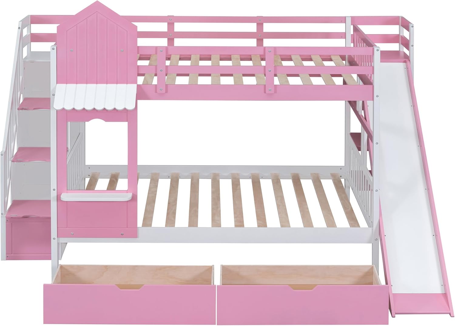 Bellemave Kids Bunk Bed with Stairs and Slide, Wood Full Over Full Bunk Bed with Storage Drawers and Shelves, Castle Style Bunk Beds for Kids Teens Girls Boys, Pink