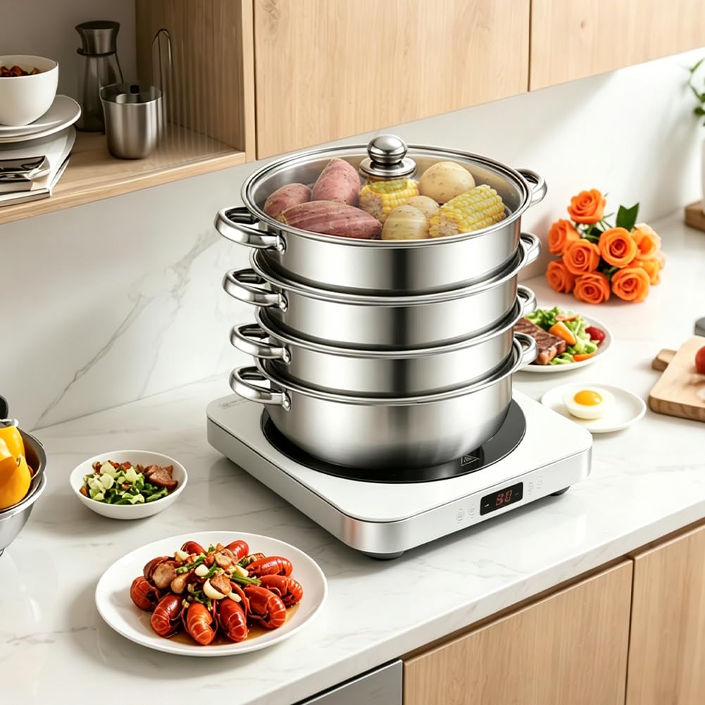 Cuiseur vapeur, 28 cm, avec insert vapeur, en acier inoxydable, passe à l'induction et au lave-vaisselle, lot de 3/4 étages avec couvercle en verre, pour légumes, pommes de terre, aliments pour bébés