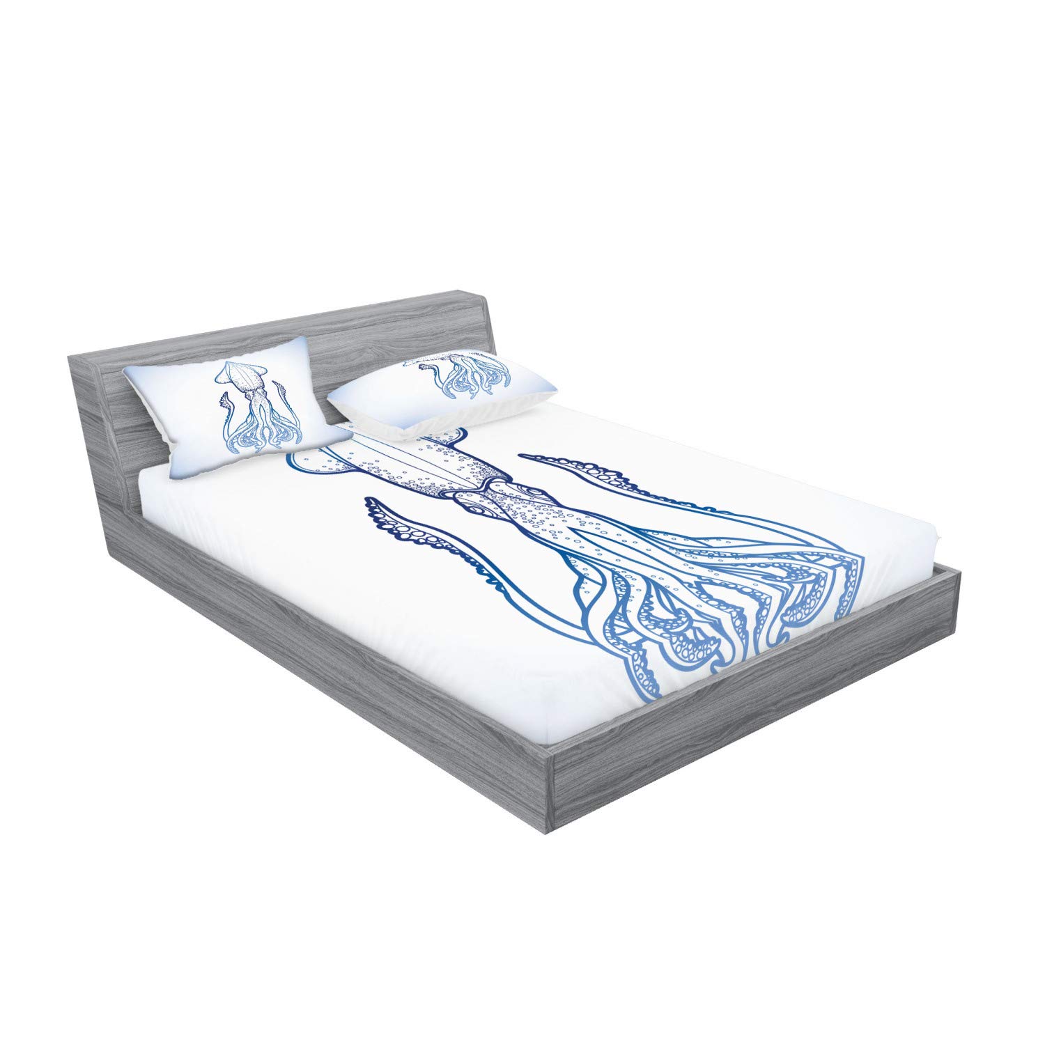 Ambesonne Kraken Fitted Sheet & Pillow Sham Set, Squid in Classic Line Art Styled Graphic Nautical Marine Sea Creature Image Art, Decorative Printed 3 Piece Bedding Decor Set, King, Blue and White