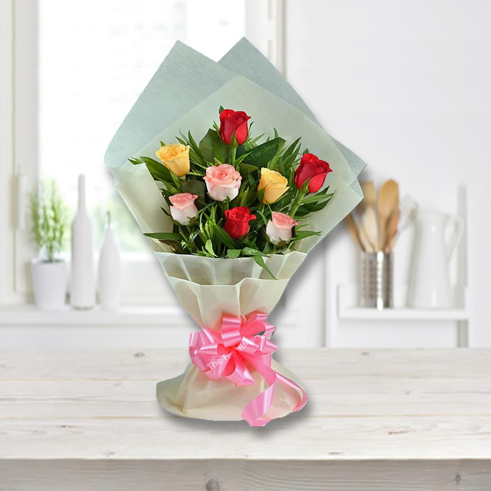 The FloralMart Fresh Flowers Bouquet of 08 Multicolor Roses in Premium Paper Wrapping - Gift for All Occasions (Birthdays, Anniversay, Mothers Day, Couple)-image-21