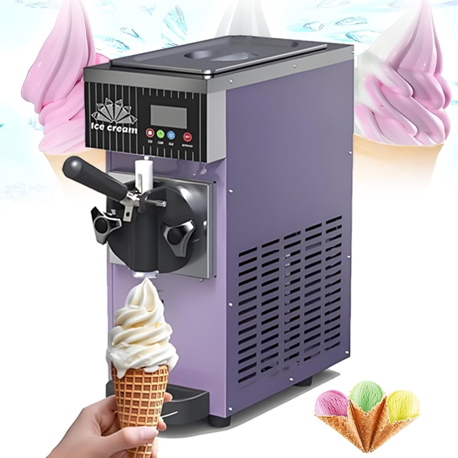Machine à Glace Italienne Professionnelle De Comptoir En Acier Inoxydable, Mono-Parfum, Panneau LED, 4-5 Kg/H, 80-100 Pièces/H, Idéale Pour Restaurants, Boutiques Et Snacks(Purple)