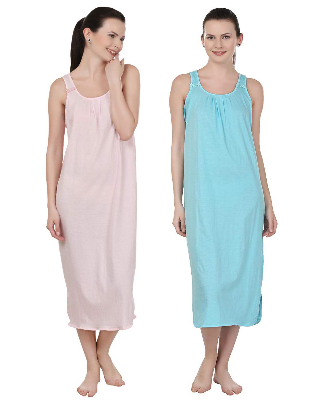 Women's Cotton Nighty Slip - Set of 2 (Baby Pink & Turquoise)-image-41