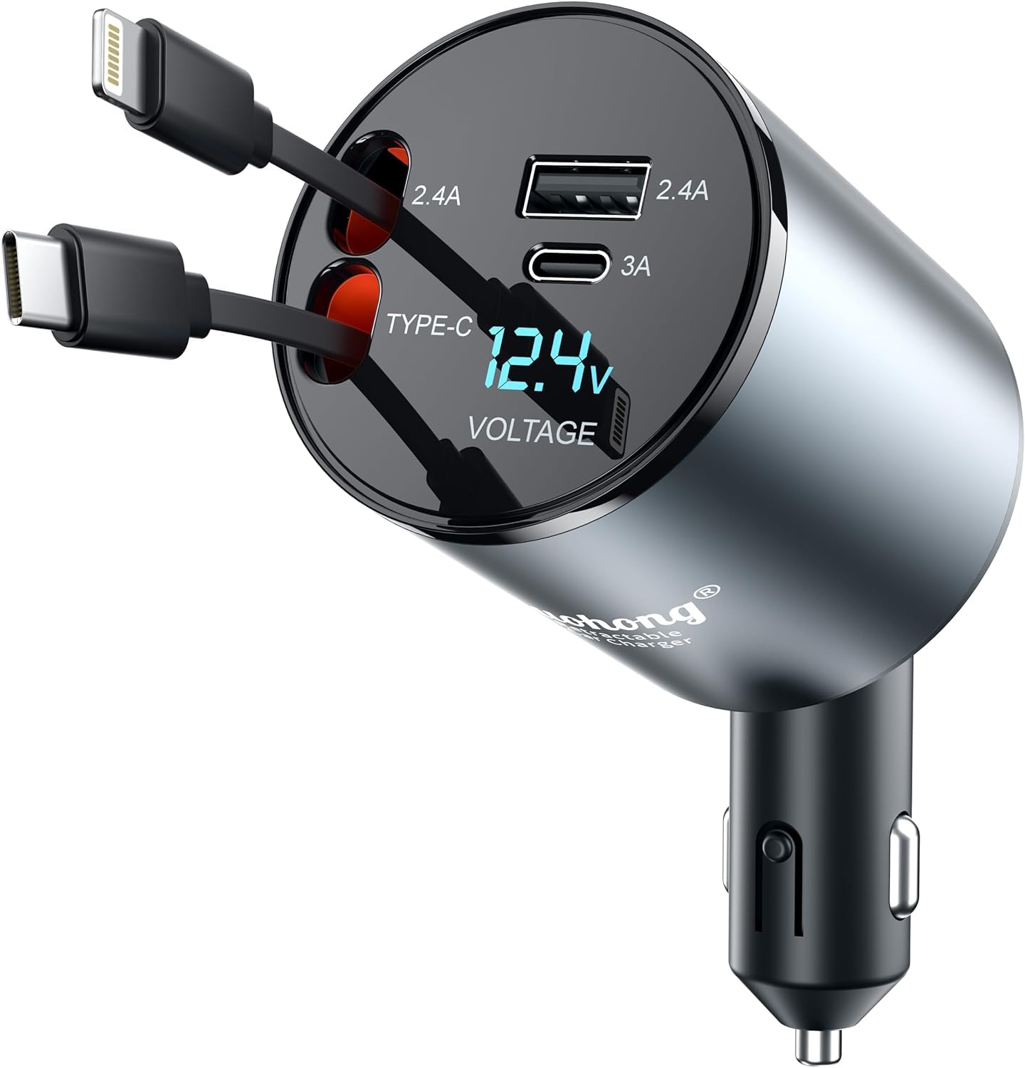 PANKTI Retractable Car Charger, Max 120W Fast Charging Car Phone Charger with Retractable Cables and 2 USB Ports, Compatible with iPhone 15/14/13/12 Pro, iPad, Samsung Galaxy