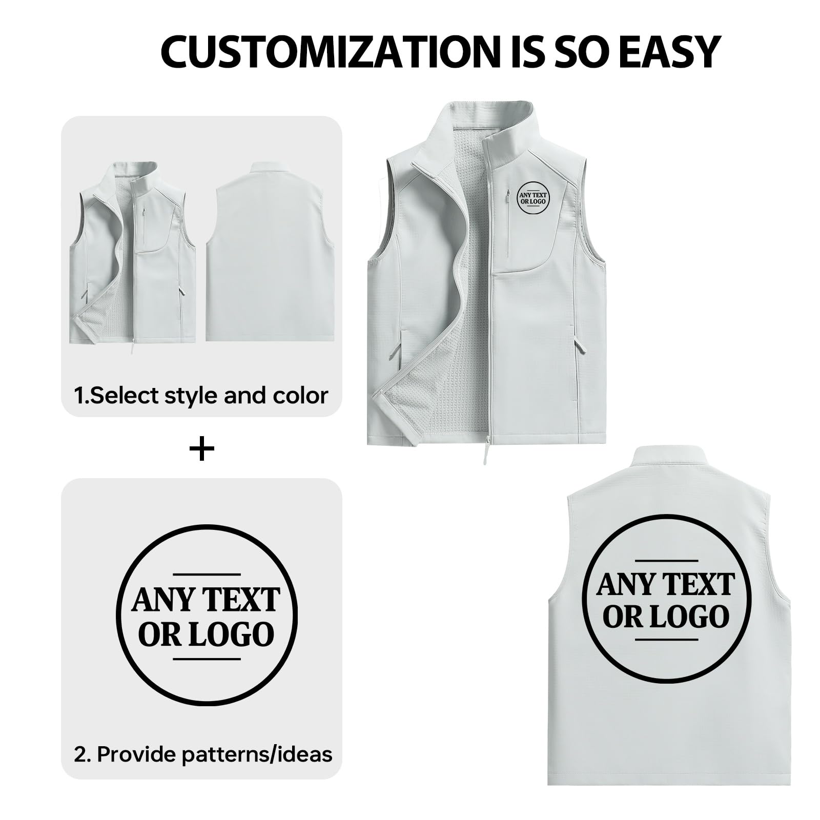 Gilet da uomo in softshell foderato in pile antivento con logo personalizzato | Progetta il tuo testo, colletto alla coreana, senza maniche, leggero, gilet sportivo con tasca, per uso esterno di squadra