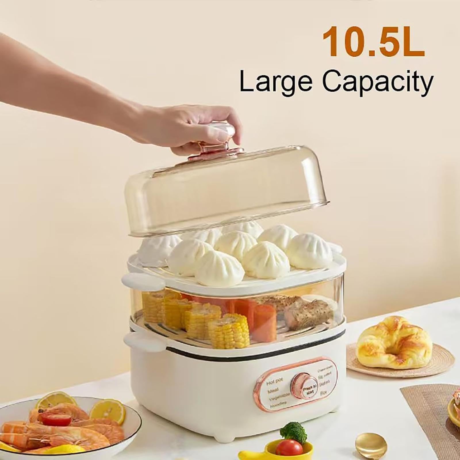 Parowar elektryczny o mocy 1200 W, wielofunkcyjny parowar o pojemności 10,5 l z dolnym garnkiem o pojemności 2,5 l, z koszami do układania w stosy, do gotowania warzyw, ryżu, pierogów, owoców mor