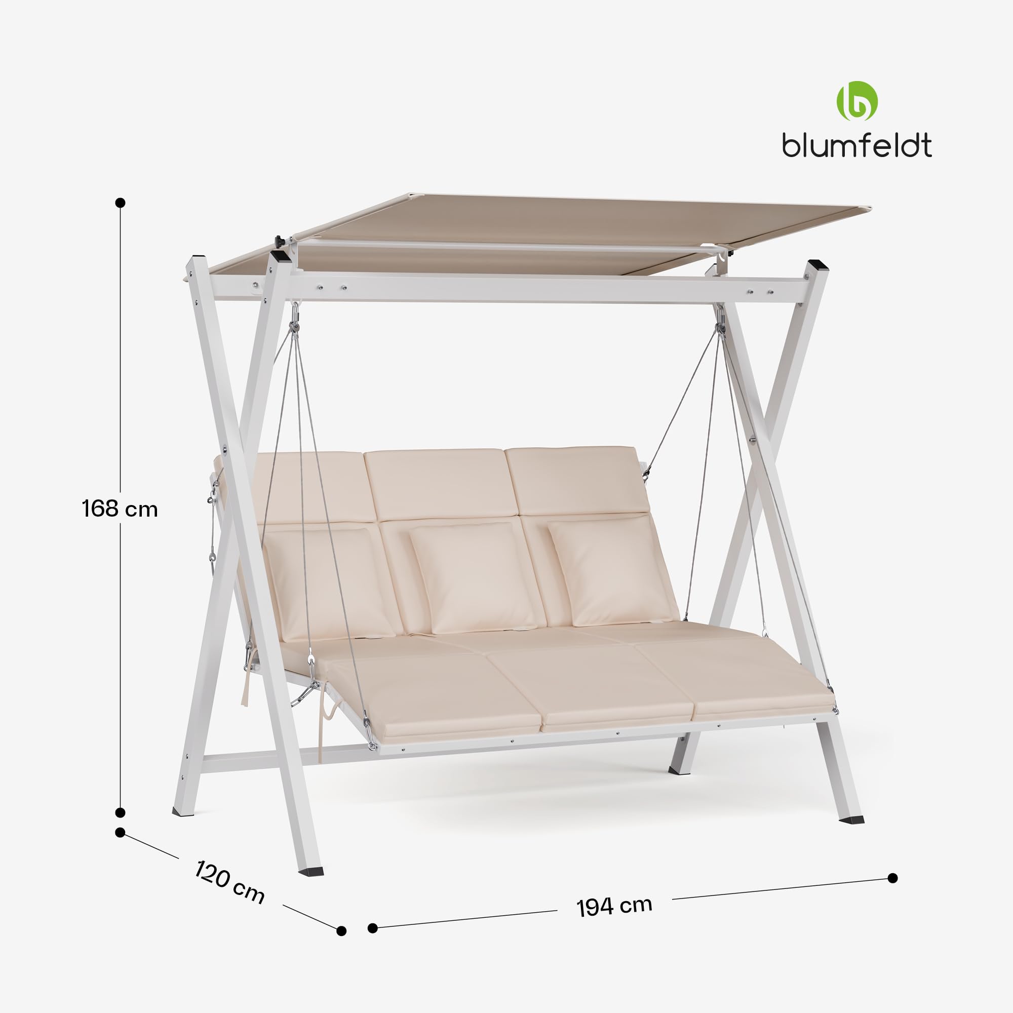blumfeldt FlexiSwing Hollywoodschaukel 3-Sitzer – Verstellbare Rückenlehne & Sonnendach, 240 kg Belastung, Wetterfester Stahlrahmen, Inklusive Kissen, Gartenschaukel