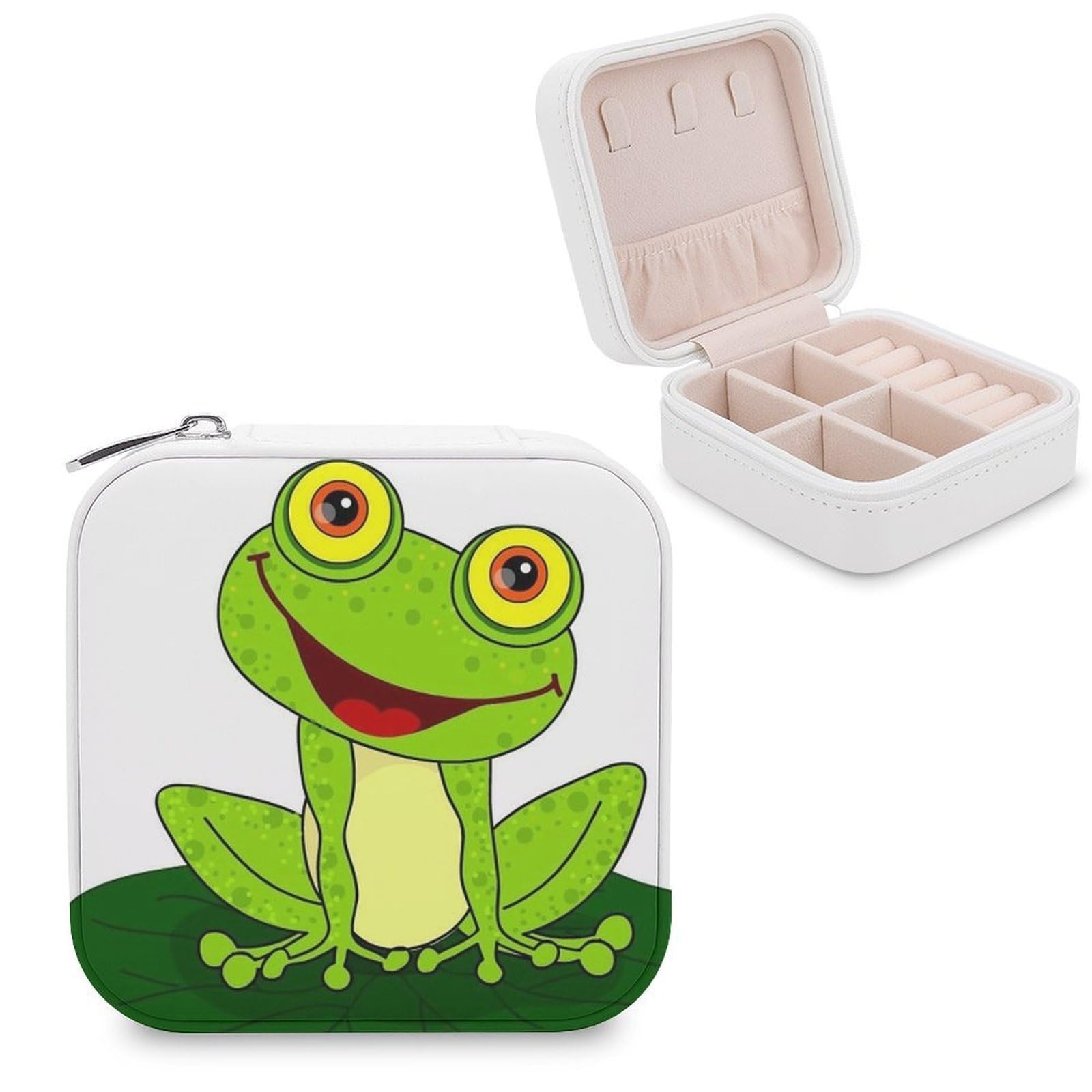Boîte à bijoux Happy Frog en cuir synthétique portable avec séparateurs amovibles pour voyage
