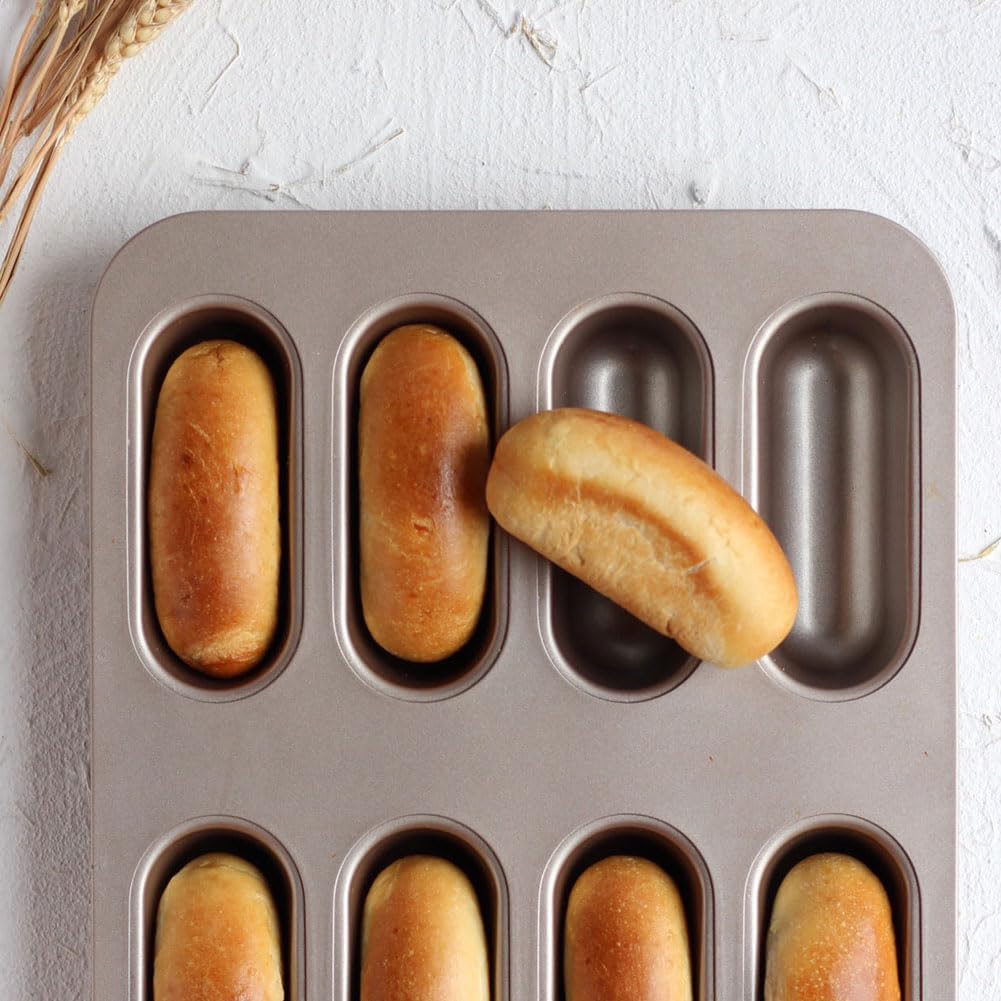CANDeal Heavy Duty 8-Cavity Nonstick Hot Dog Bun Pan, Carbon Steel Baking Mini Hotdog Baking Tray for Bread Muffin Cake Mini Baguette Hamburgers Sandwich Molds