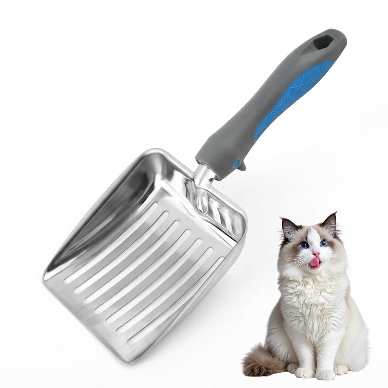 Carehabi Pala arenero Gato, Pala Gatos Arena de Acero Inoxidable, Pala metálica con Malla, Pala Profunda y Duradera con Mango ergonómico de Goma, tamaño Mediano para Cajas de Arena para Gatos