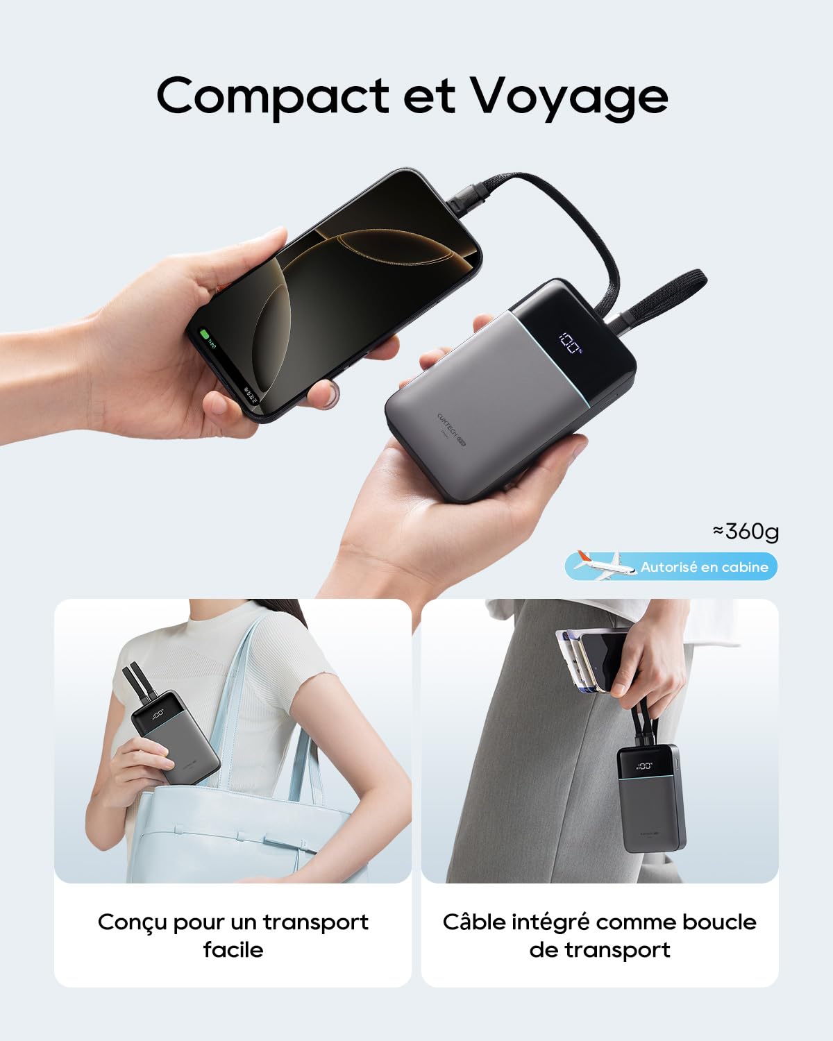 CUKTECH 40W 20000mAh Batterie Externe, Câble Intégré, Certifiée CCC & MFi