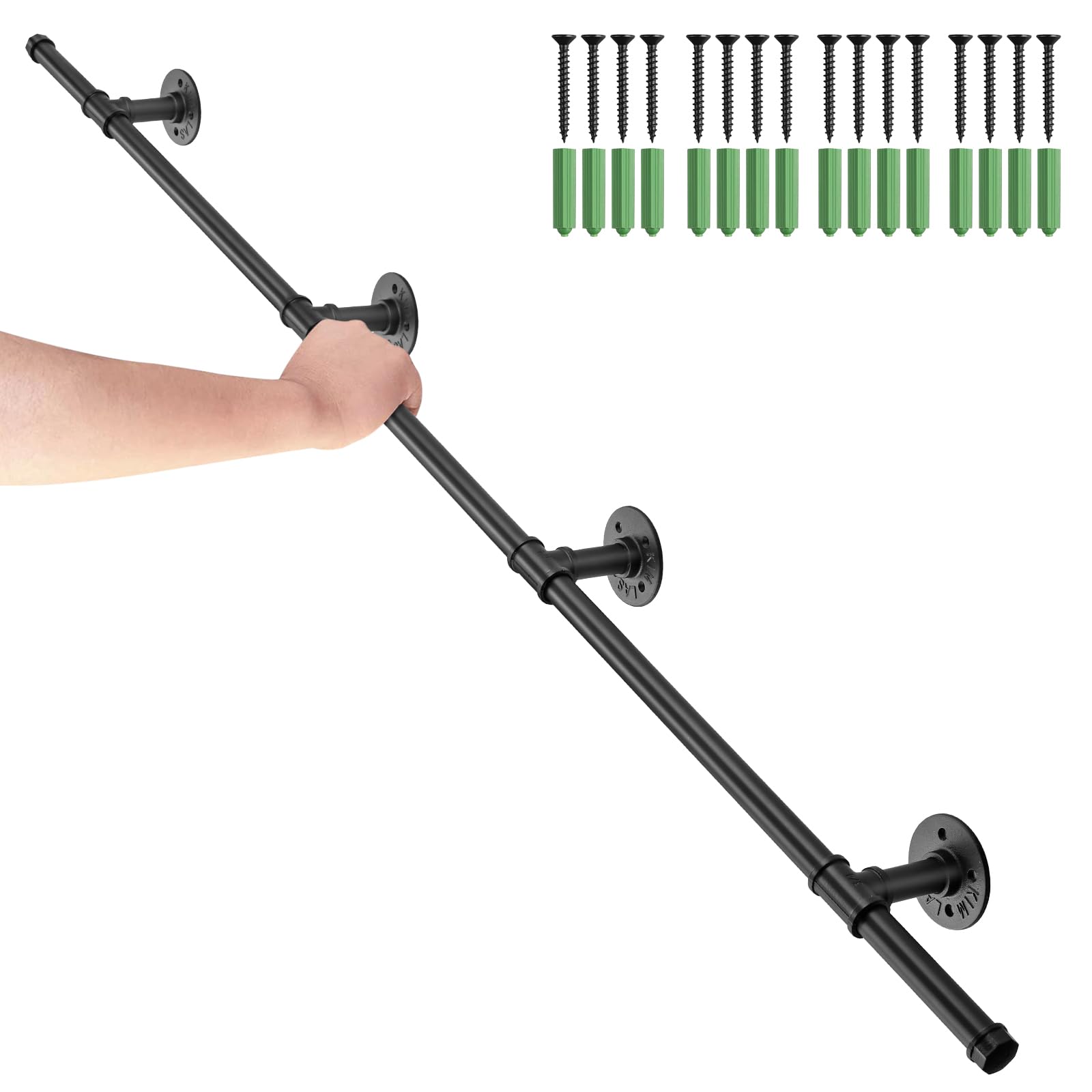 TANiCE Pasamanos Escalera 150 cm Negro de Acero Galvanizado Antideslizante Barandilla de Pared para Interior y Exterior con Soporte Seguro para Ancianos y Niños, Fácil Instalación Multifuncional