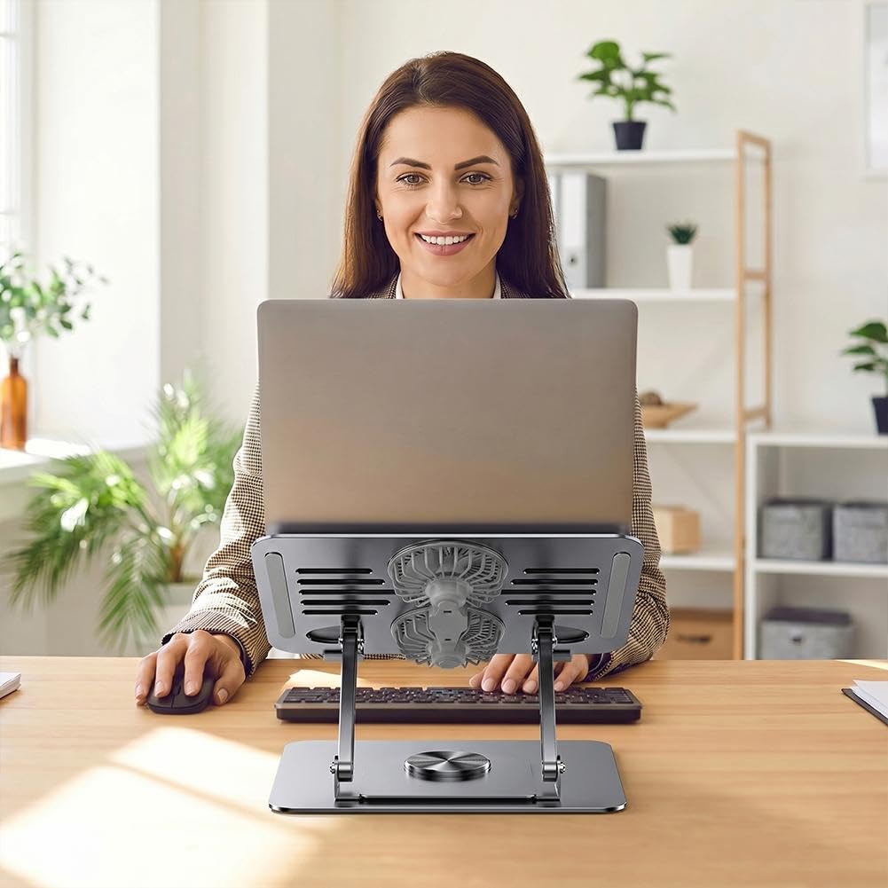 Soporte de refrigeración para portátil con ventilador, base giratoria ajustable de 360°, soporte de aluminio para laptop, para escritorio, almohadilla de refrigeración ergonómica plegable para todas