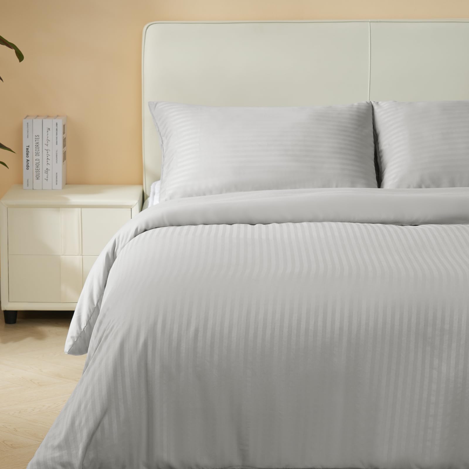Good Nite Single Duvet Cover Polyester Striped Satin Duvet Cover Set Duvet Sets with 2 Pillowcases Skin Friendly and Soft Machine Washable (Light Gray