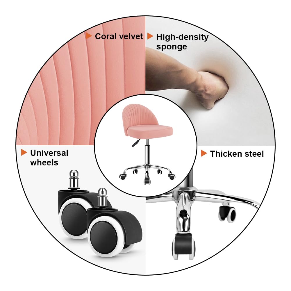 KKTONER Taburete giratorio de terciopelo con ruedas y respaldo ajustable en altura para dormitorio, hogar, maquillaje, cosméticos (rosa)