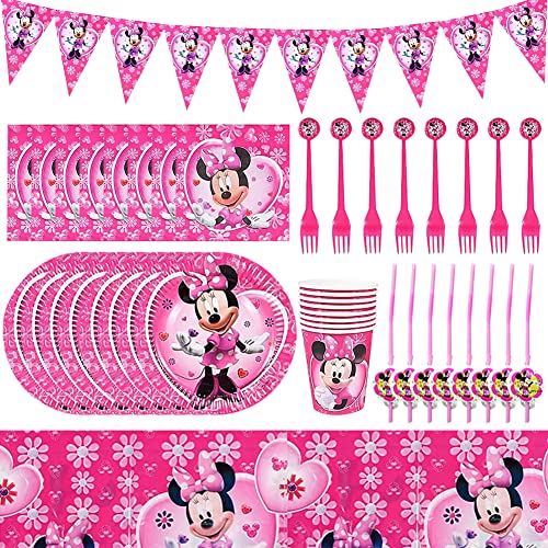 50 Stück Minnie Besteck,Minnie Party Set,Besteck,Minnie Gebutstag Party Set,Minnie Partygeschirr,Für Kindergeburtstag Party Tischdeko Party,Mit Pappbecher,Besteck,Banner,Tischdecke Cover
