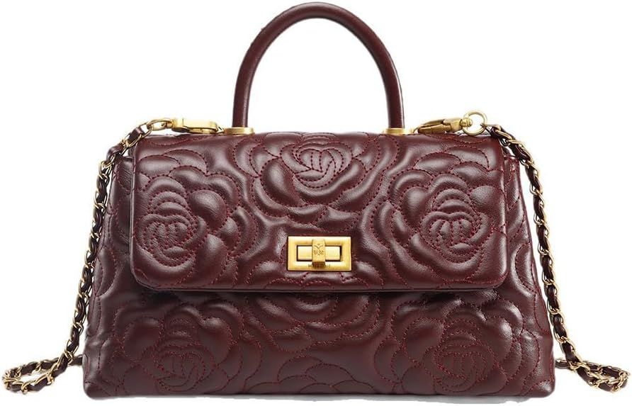 Women's Quilted Camellia Tote Handbag, Soft PU Leather Satchel Chain Strap Purse, Large Fashion Top-Handle Crossbody Bag