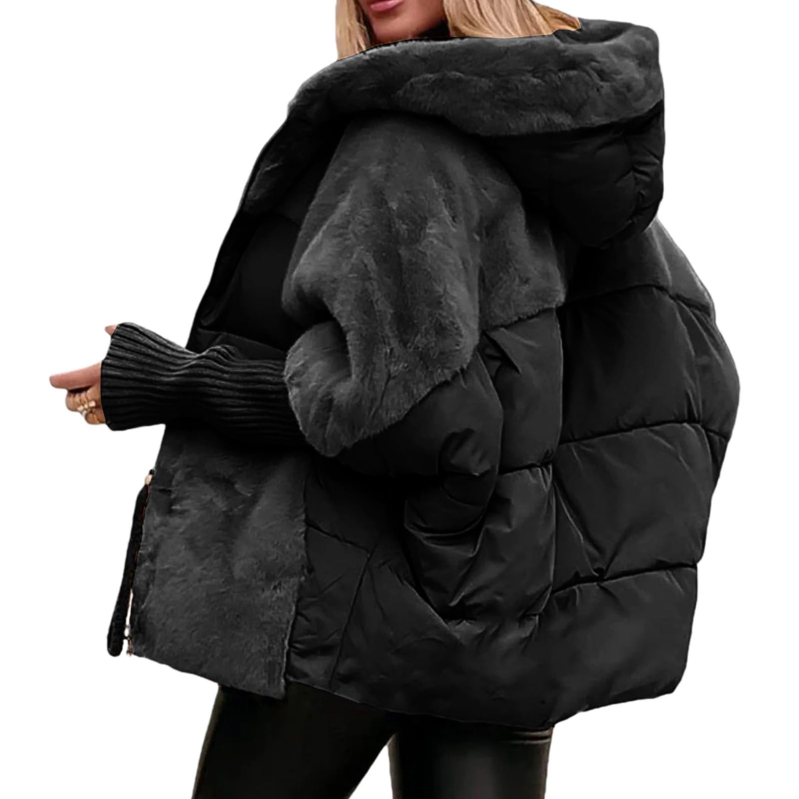 Generisch Oversized Damen-Steppjacke mit Kapuze, Patchwork-Design, wattiert, leicht und warm, Winterbekleidung Winterjacke Damen Teddy