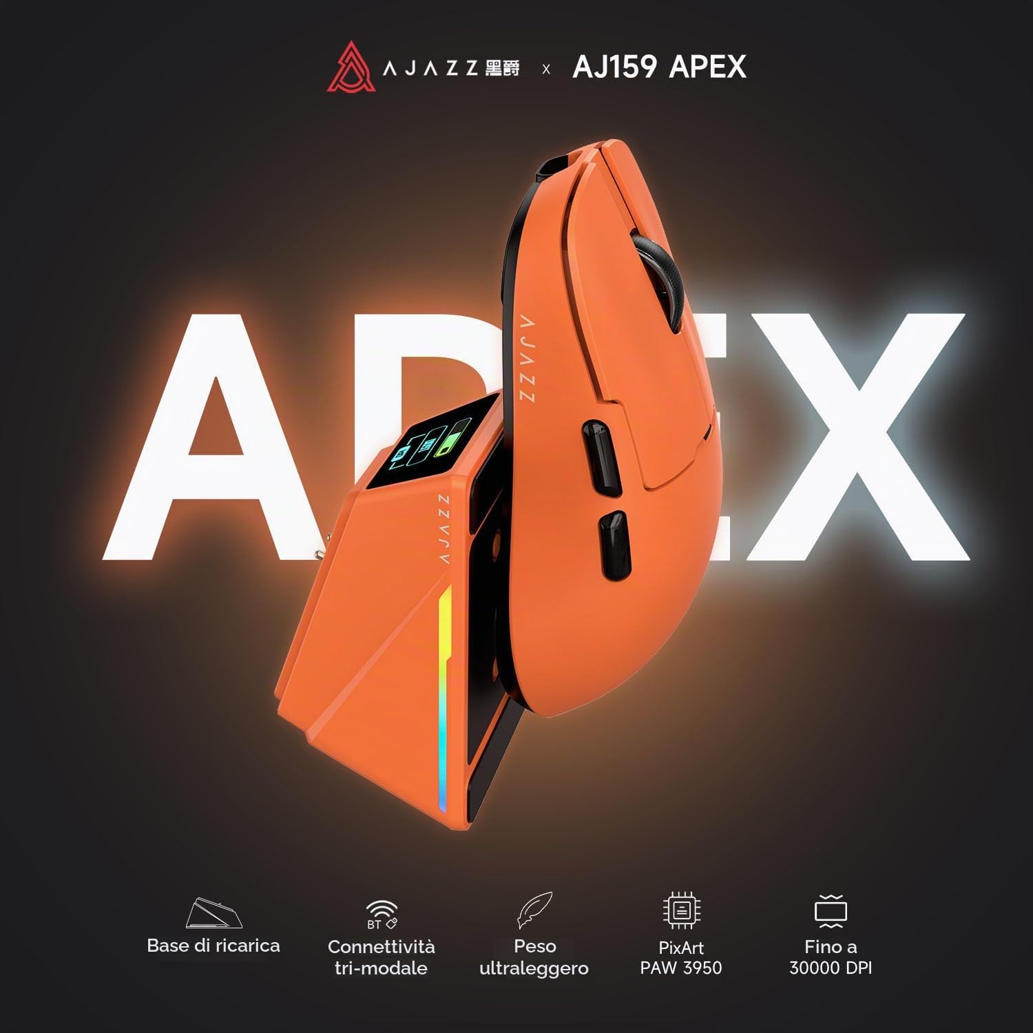 AJAZZ AJ159 APEX Wireless Gaming Mouse with RGB Magnetic Charging Base, Lightweight 56 Gram Design, 2.4G/USB-C/BT, 400 mAh Battery, 42K DPI, 8000Hz Response Rate, Compatible with PC and Mac, Orange