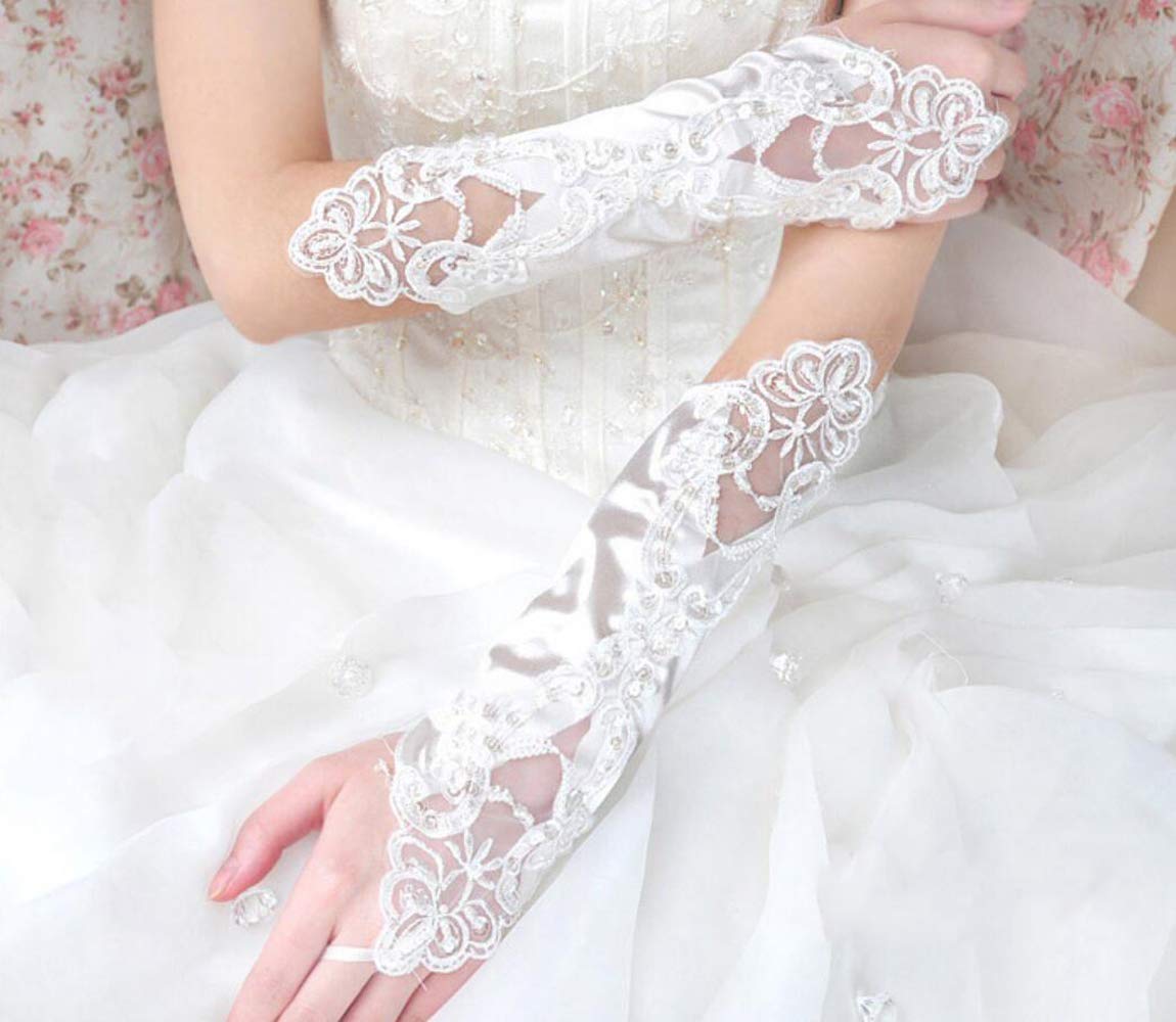 MoreChioce Guantes de Novia Vintage para Mujer, Estilo años 20, con Perlas, Brillantes, para Bodas, Blanco, Talla única