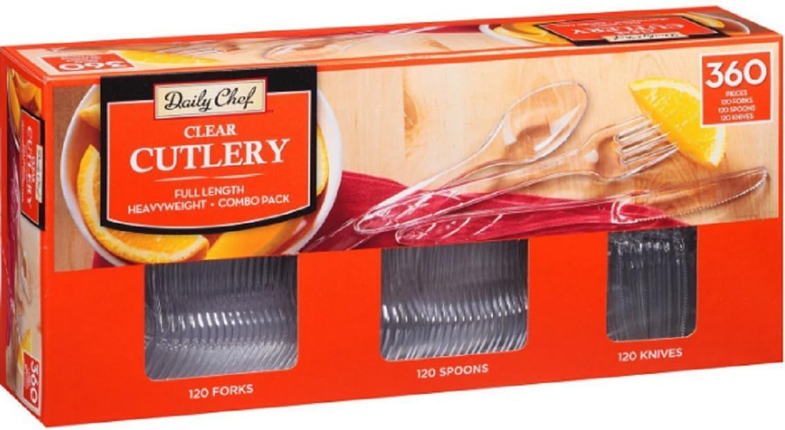 Daily Chef 360 Clear Cutlery Combo - Pack Heavyweight Plastic Forks Knives Spoons, New!!!