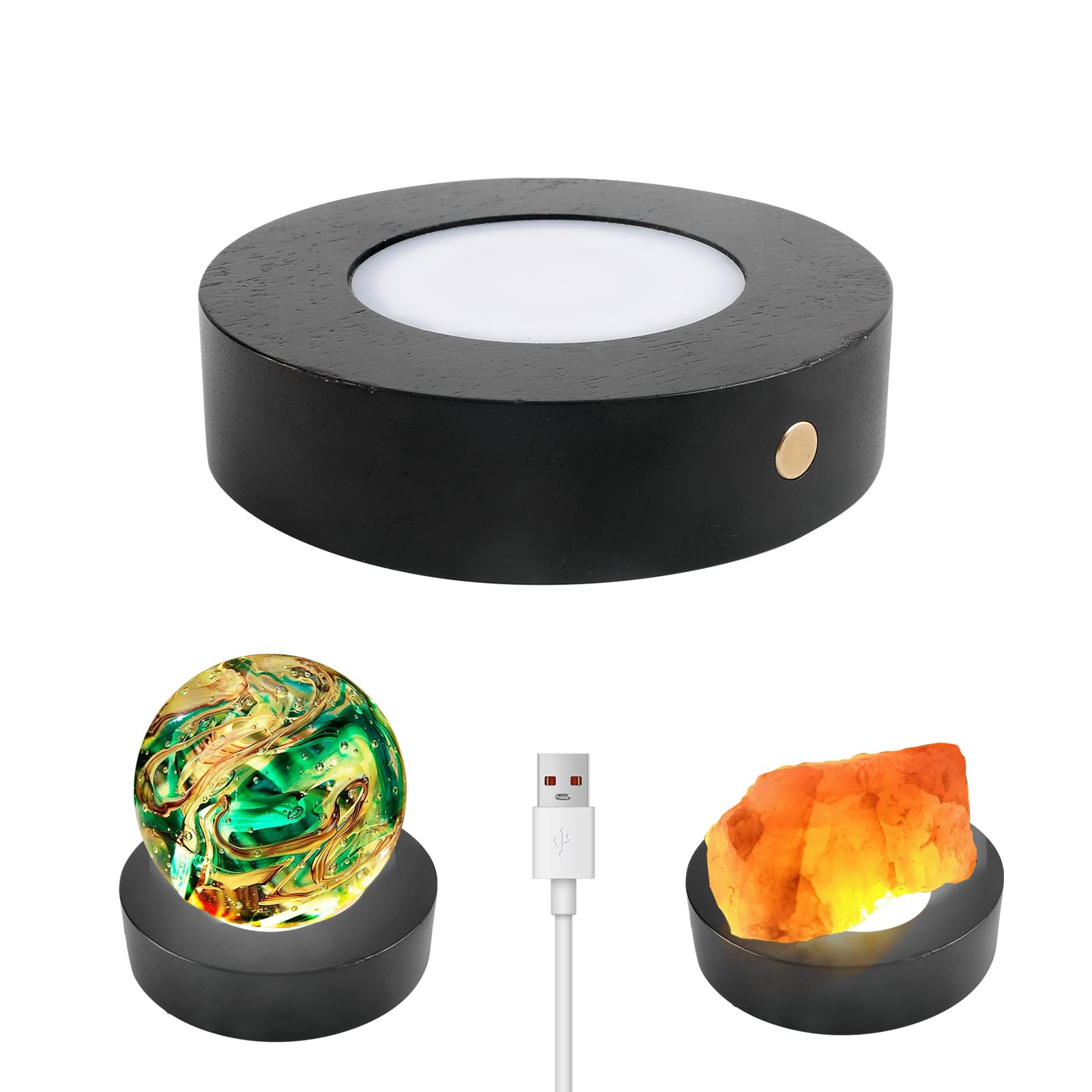 LED Light Base, 12CM Wooden Light Base Stand with Touch Dimmer and 3 Light Modes, Crystal Display Base, Wood Base Light Round Light Base for Crystal Glass Resin Art Jewelry Acrylic (black,1pcs)
