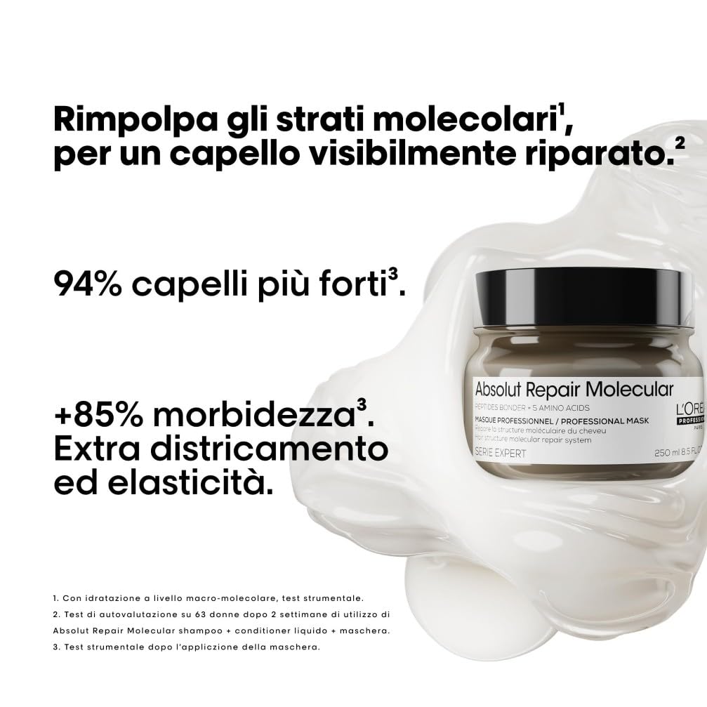 L'Oréal Professionnel, Maschera Professionale Ristrutturante per Tutti i Tipi di Capelli Danneggiati, Aiuta a Riparare i Danni e Ripristina la Forza dei Capelli, Absolut Repair Molecular