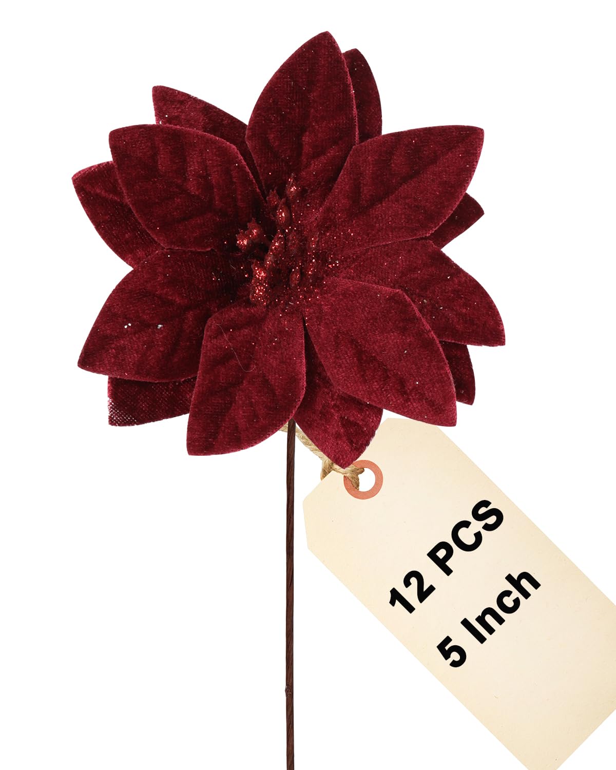 vensovo Lot de 12 fleurs de poinsettia de Noël rouge foncé pour sapin de Noël et couronne - Décorations florales pour bricolage, emballage cadeau et décoration d'intérieur - 12,7 cm