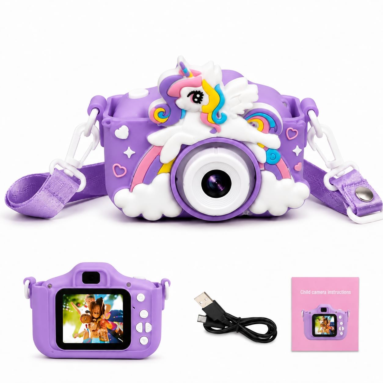Brand Conquer Kids Camera for Girls with Unicorn Design, HD Digital Camera for Children Age 3-10, Rechargeable Mini Toddler Camera with 2.4” IPS Screen, Selfie, Video Recording, Games & Strap (Purple)-image-13