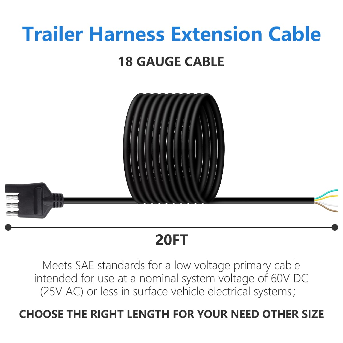 18 AWG 20 FT 4 Pin Trailer Wiring Harness Kit 4 Pin Trailer Connector Heavy Duty Pure Copper Flat Male Plug and Pure Copper 18 Gauge 240 Inch Jacket Cable