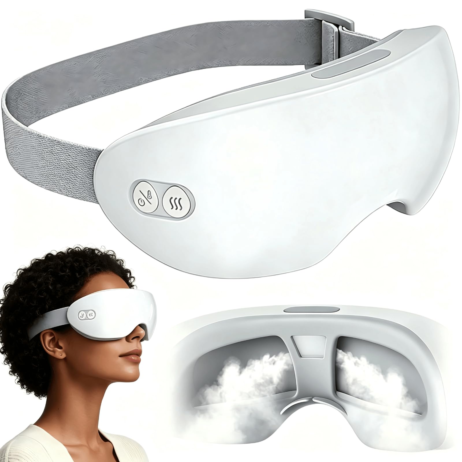 Massaggiatore Occhi a Vapore, Maschera Occhi Riscaldante con Micro-Nebbia, 2 Temperature 40°C 42°C, Design 3D 360° Contorno Occhi, Timer 10 Min, USB Ricaricabile, per Casa Ufficio Viaggio
