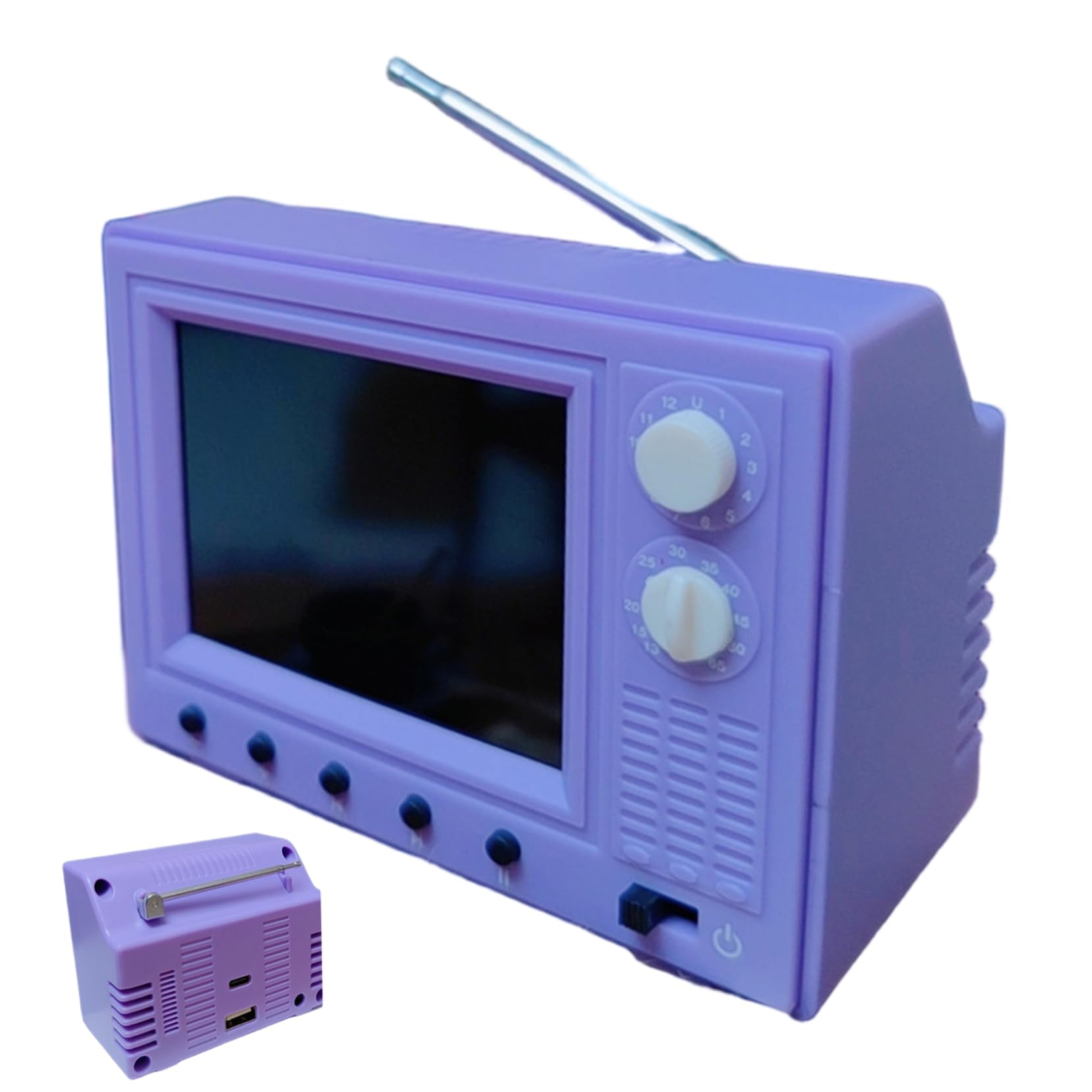 Mini TV Toy for Dollhouse, 2.4 Inch Mini Retro TV with 720P HD Screen, 8GB Storage & USB Playback, 1:12 Scale Miniature Furniture & Accessories (Purple) Dollhouse