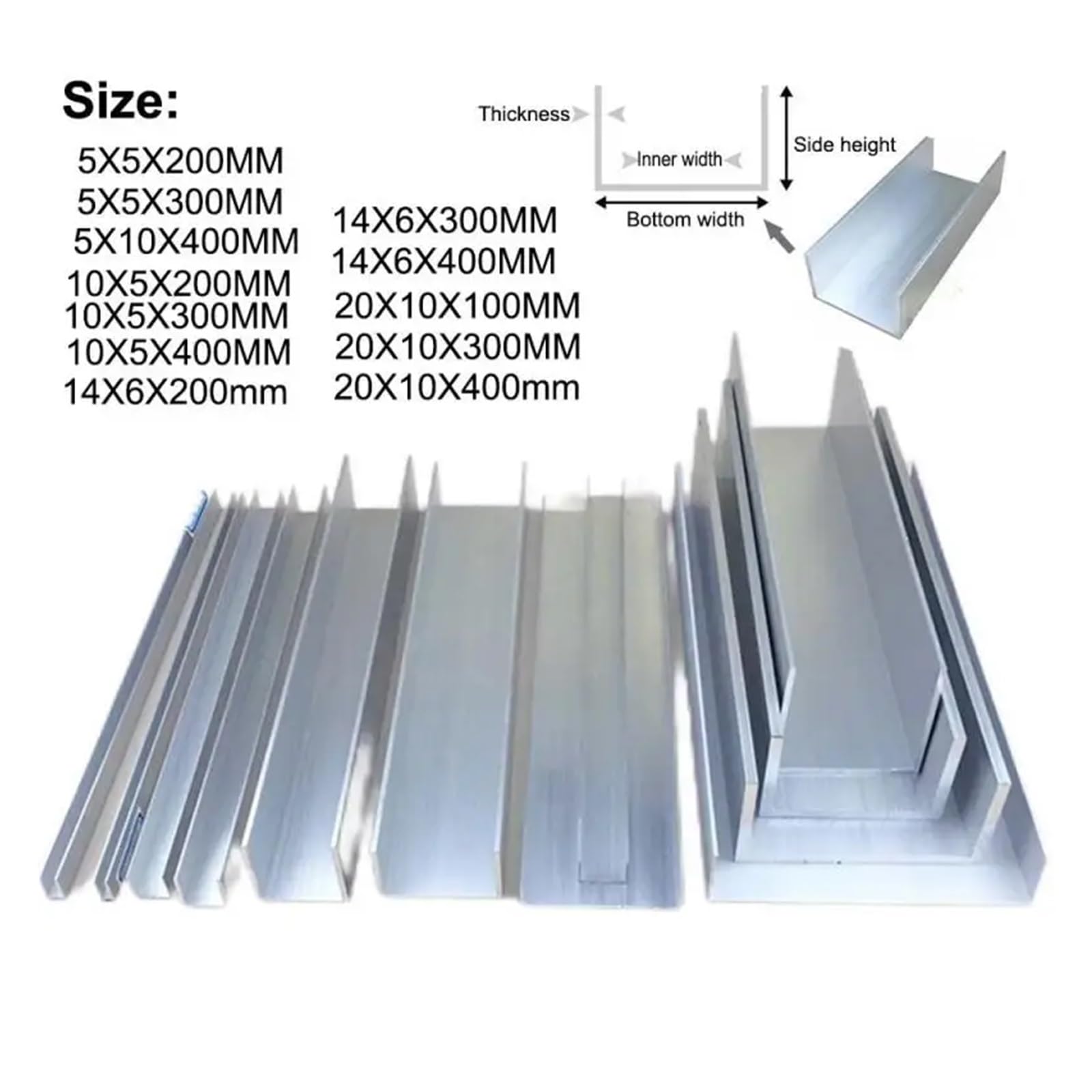 Perfil en U aluminio Tira de borde aluminio en forma U, con revestimiento vidrio, aleación, 5 mm, 10 y 20 ancho 100 a 400 largo(10X5X300MM,1pcs)