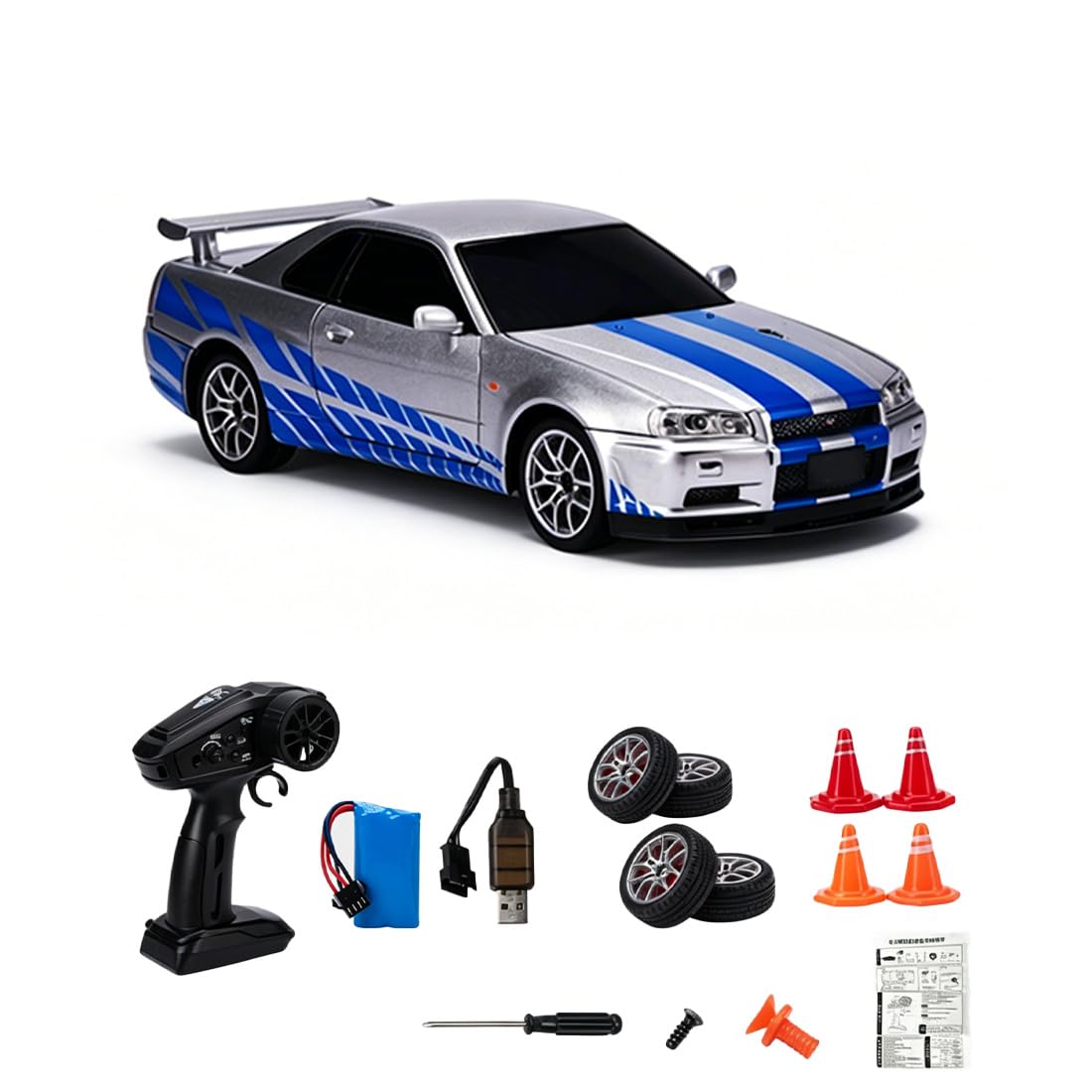 LooWindoer 1:24 Scale 4WD Drift RC Car, Die-Cast Alloy 2.4GHz Remote Control Street Racing Car, High Speed Drift Vehicle with LED Lights, Openable Doors & Hood