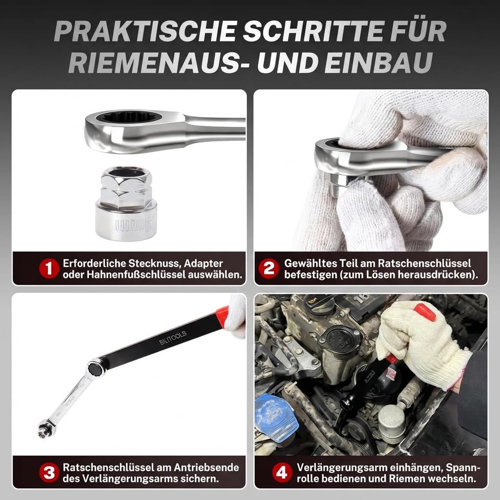 BILITOOLS 15-tlg. Universal Spannrolle Keilrippenriemen Keilriemen Schlüssel KFZ Werkzeug Satz, Ratschen Spannrollenschlüssel Durchsteck-Steckschlüssel zum Wechseln von Spannrolle Keilrippenriemen