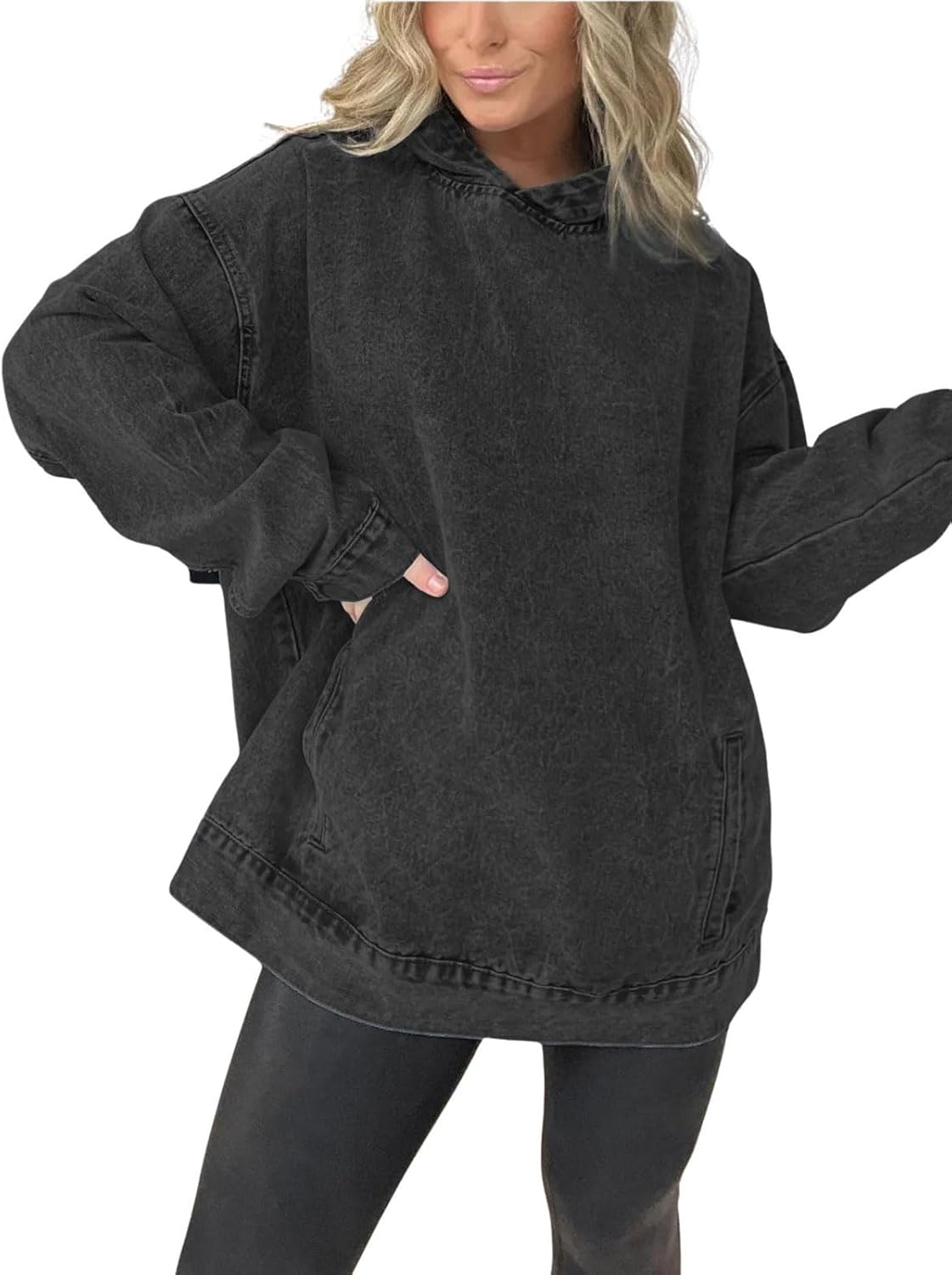 ebossy Women's Spring Fall Boyfriend Denim Hoodies Casual Loose Long Sleeve Jean Sweatshirts with Pockets