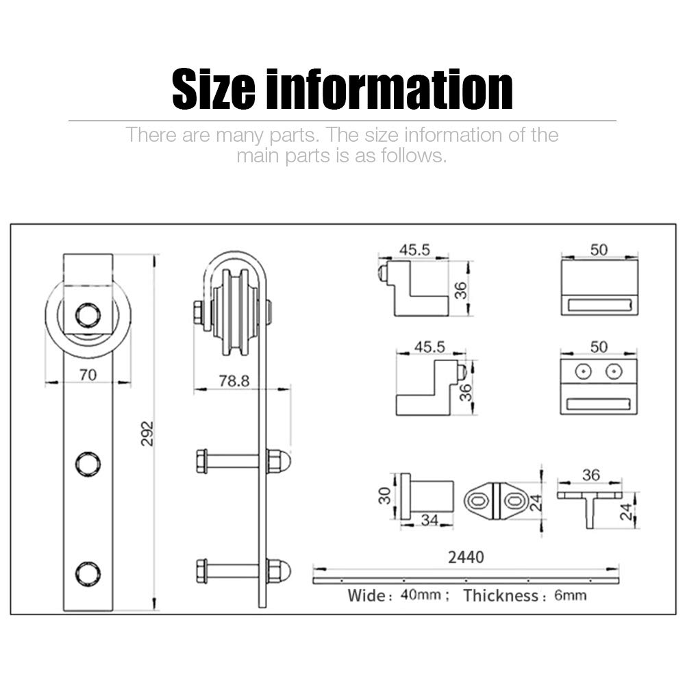 244cm Quincaillerie de Porte Coulissante Kit Ensemble de Rails pour Porte de Grange Simple,Ensemble de poulies de rail de suspension de porte de grange (ordinaire à trois sections)